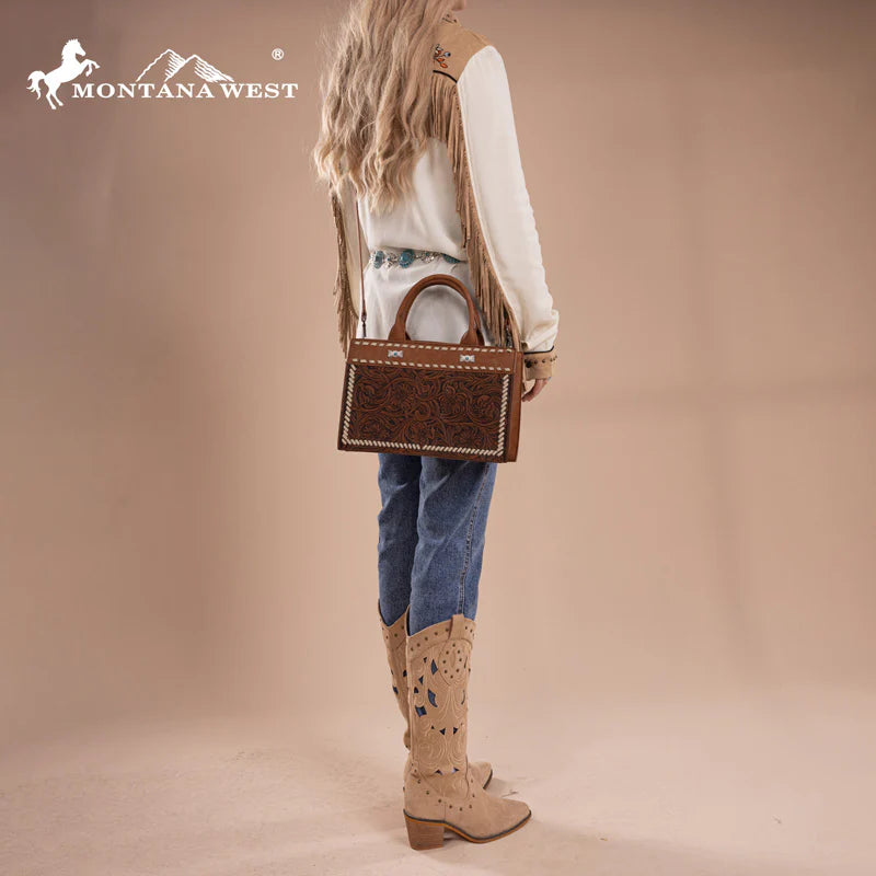 Montana West Brown Tooled Leather Crossbody