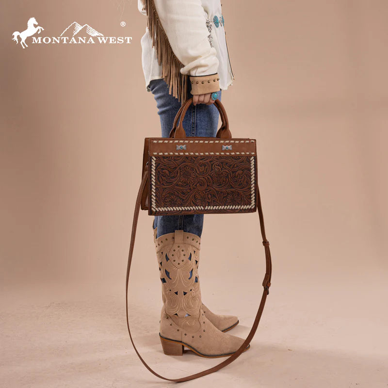 Montana West Brown Tooled Leather Crossbody