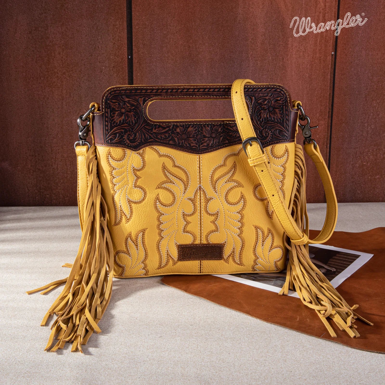Wrangler Top Handle Embroidered Fringe Tote/Crossbody - Mustard