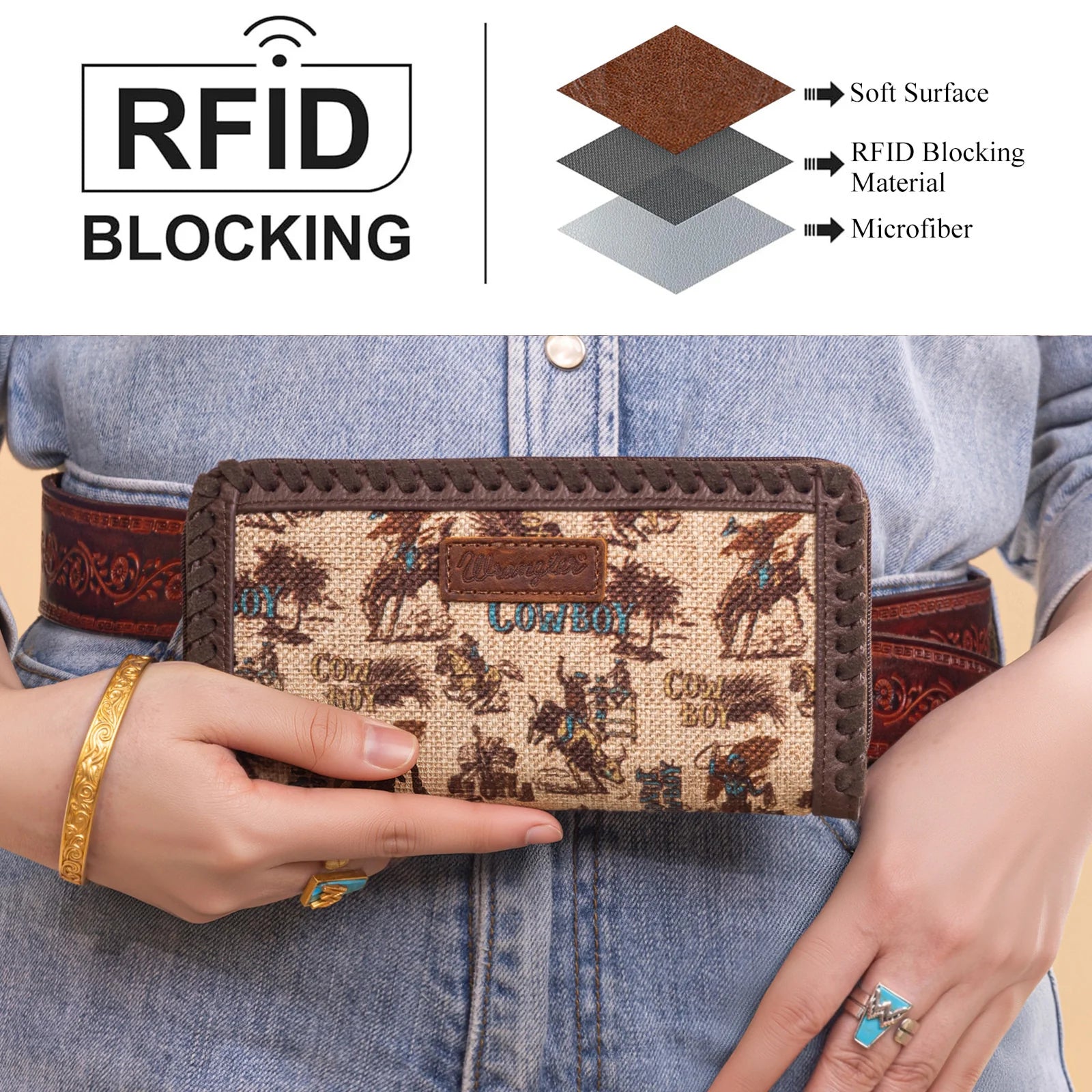 Wrangler Vintage Retro Cowboy Cool Print Wallet -Tan