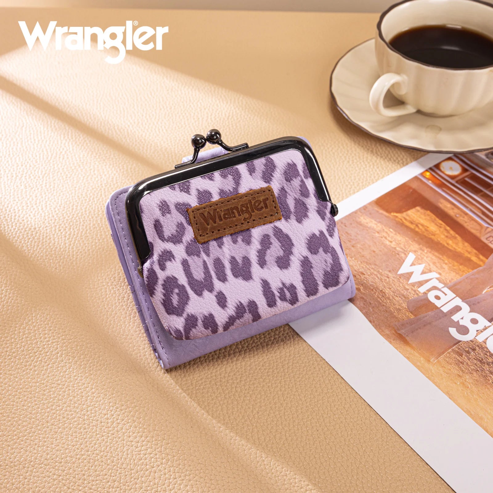 Wrangler Western Leopard Print Small Bi-Fold with Kiss Clasp Coin Purse -Purple