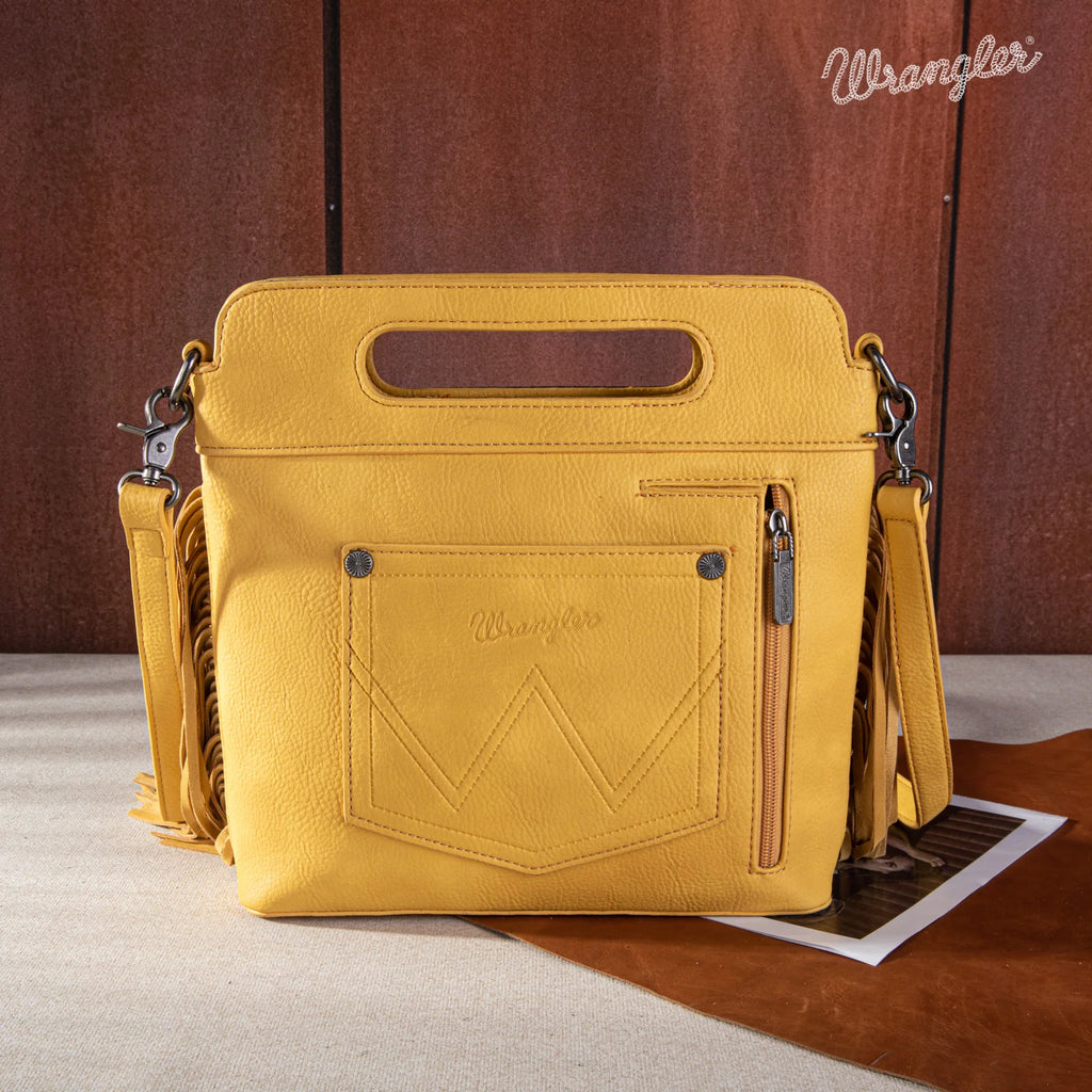 Wrangler Top Handle Embroidered Fringe Tote/Crossbody - Mustard