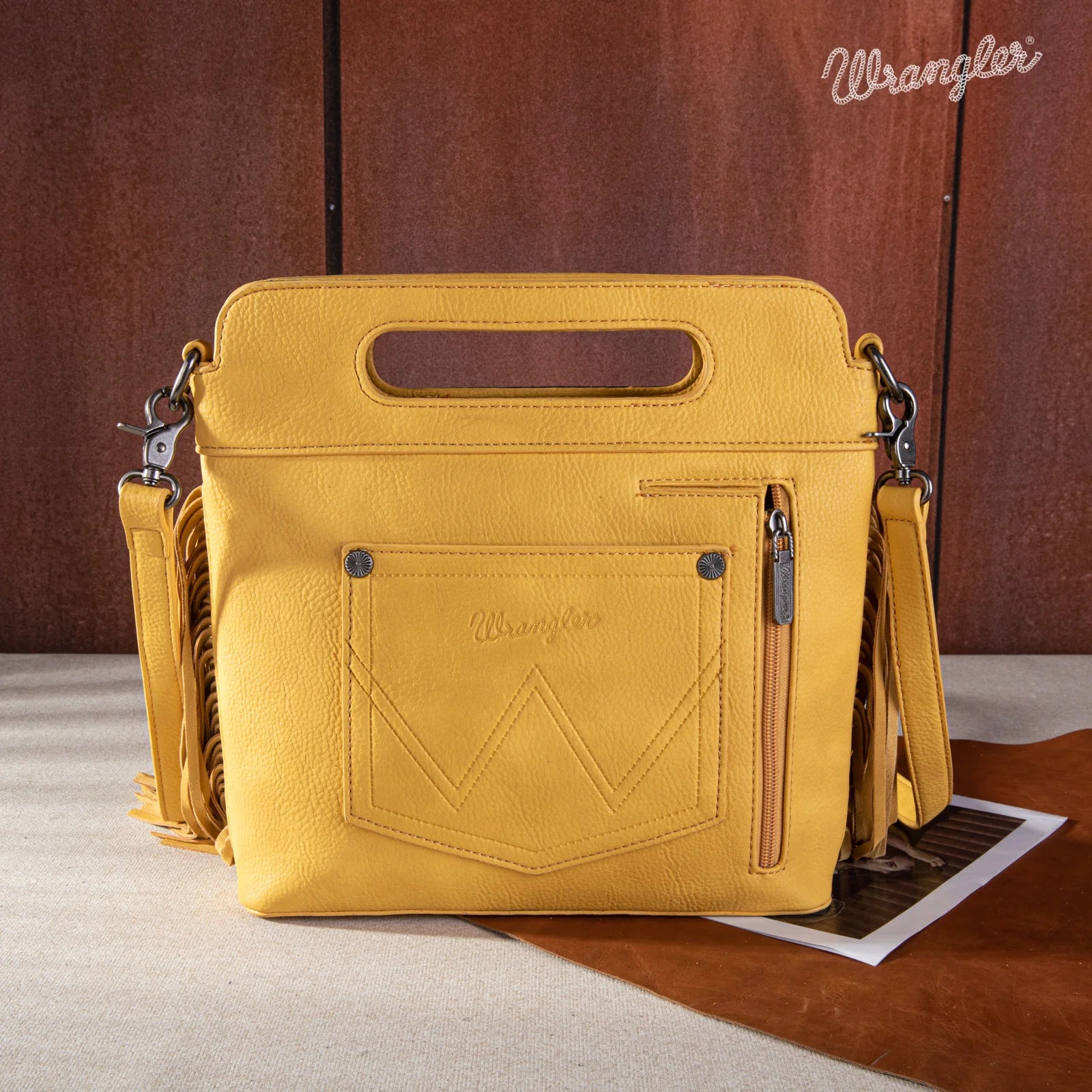 Wrangler Top Handle Embroidered Fringe Tote/Crossbody - Mustard