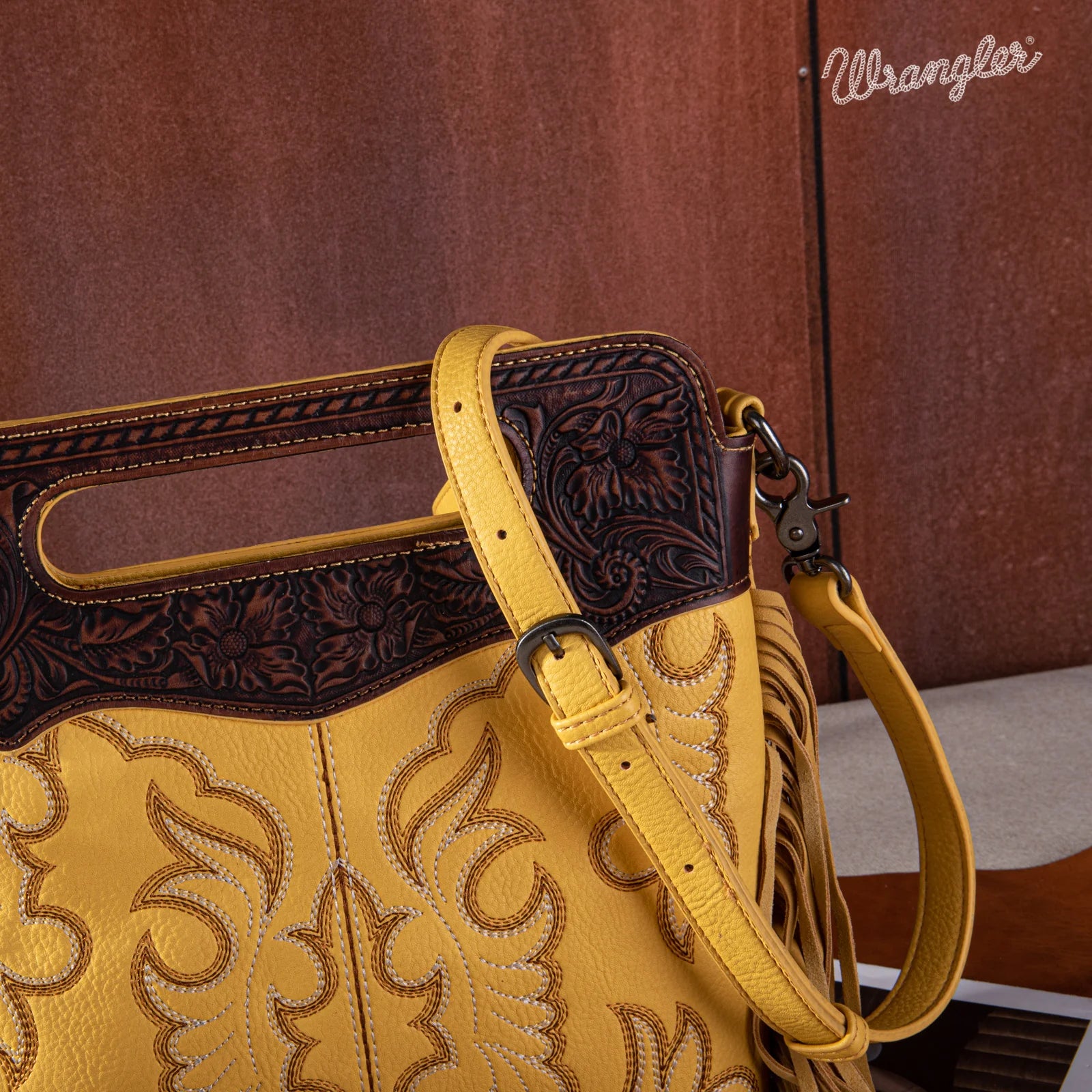 Wrangler Top Handle Embroidered Fringe Tote/Crossbody - Mustard
