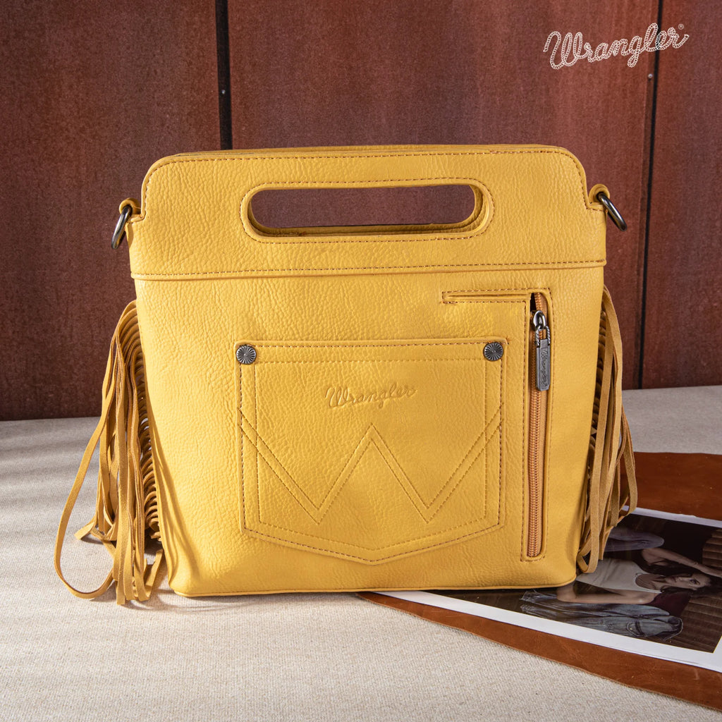 Wrangler Top Handle Embroidered Fringe Tote/Crossbody - Mustard
