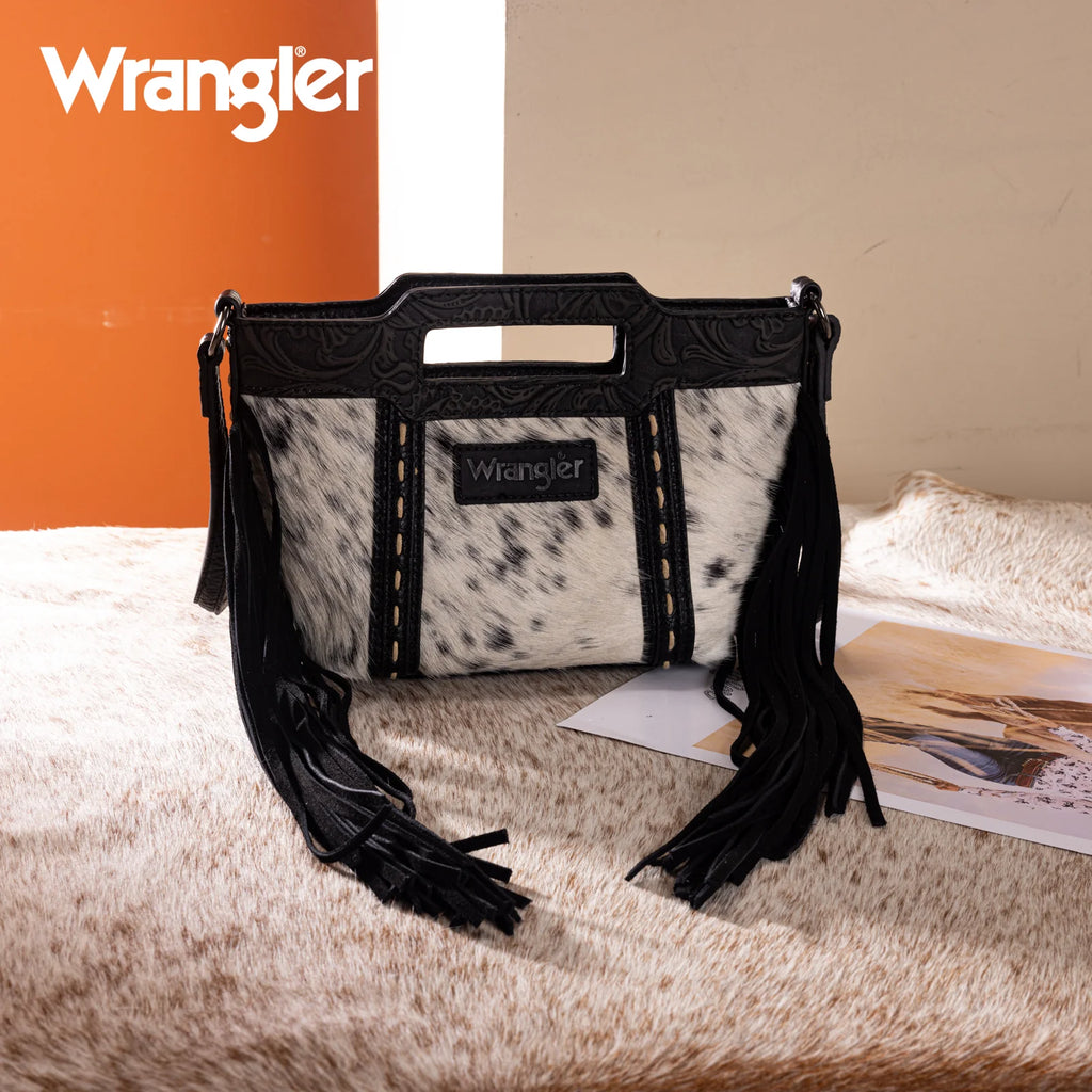Wrangler Ladies Genuine Cowhide Top Handle Tan Fringe Crossbody