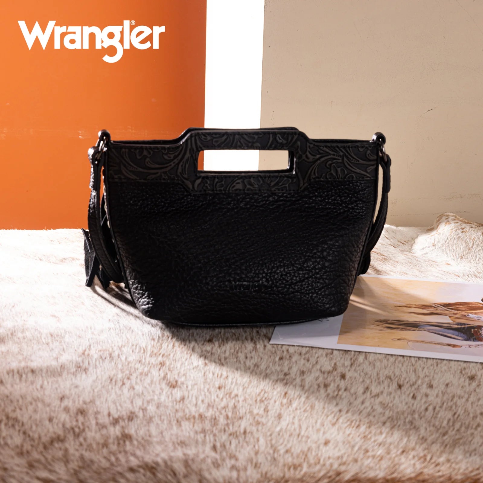 Wrangler Ladies Genuine Cowhide Top Handle Tan Fringe Crossbody