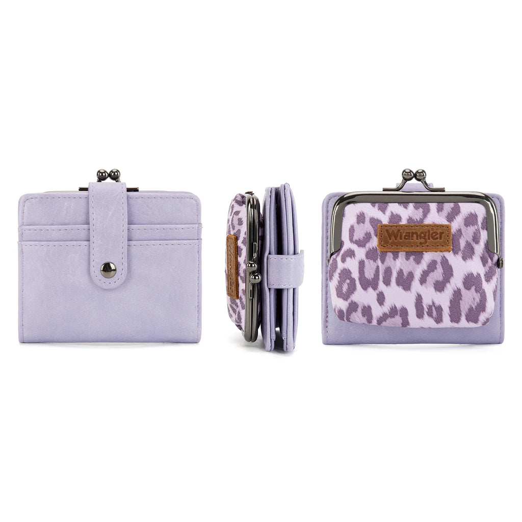 Wrangler Western Leopard Print Small Bi-Fold with Kiss Clasp Coin Purse -Purple