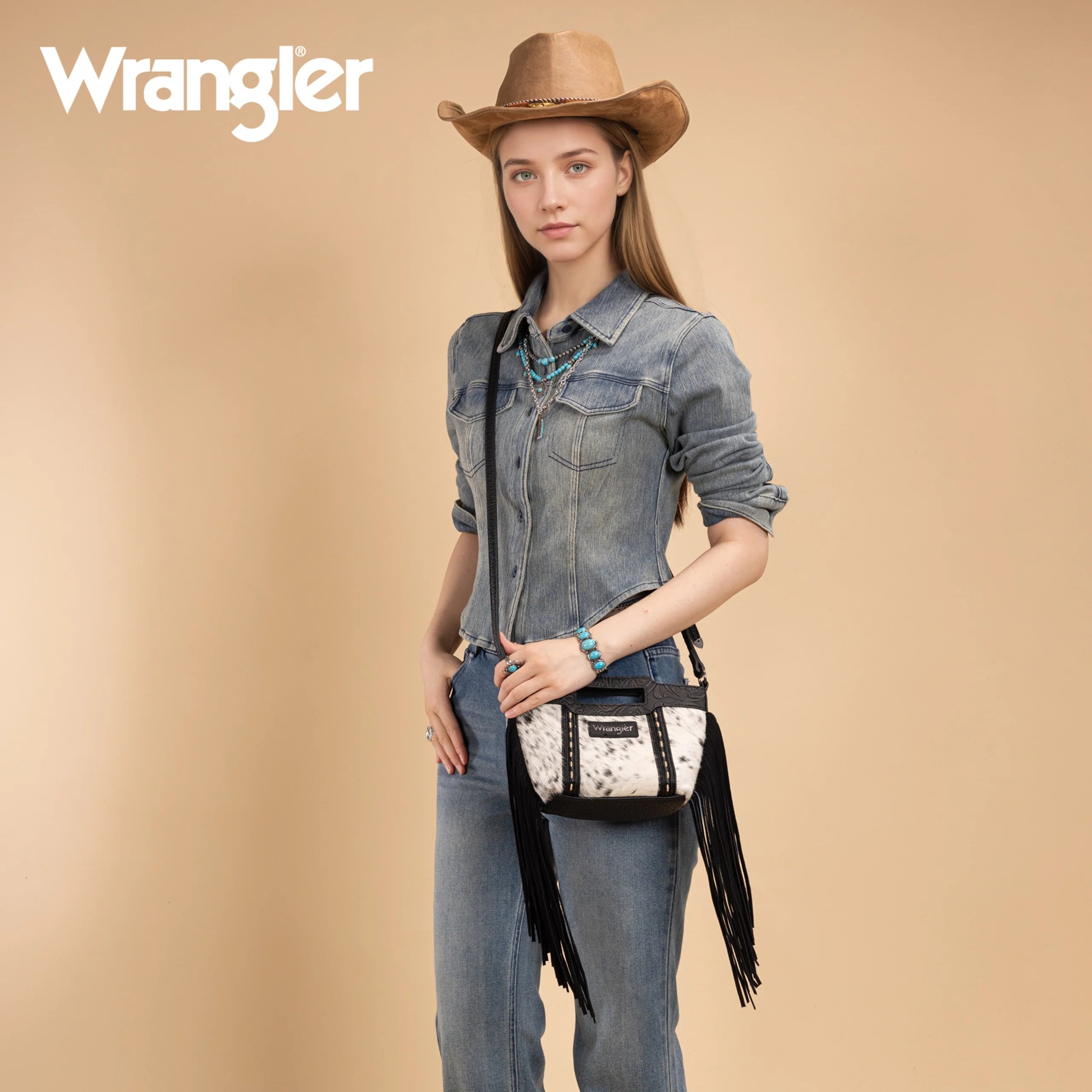 Wrangler Ladies Genuine Cowhide Top Handle Tan Fringe Crossbody