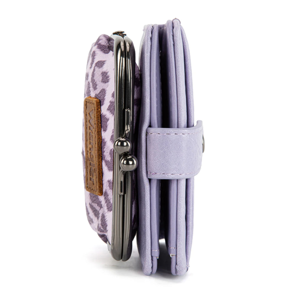 Wrangler Western Leopard Print Small Bi-Fold with Kiss Clasp Coin Purse -Purple